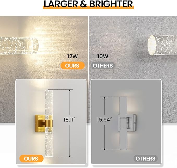 Gold Wall Sconces Set of Two - Modern Crystal Sconces Wall Lighting 12W 4000K LED Wall Sconce Dimmable Indoor Wall Light Fixtures for Bathroom Bedroom Living Room Hallway, 18 Inch