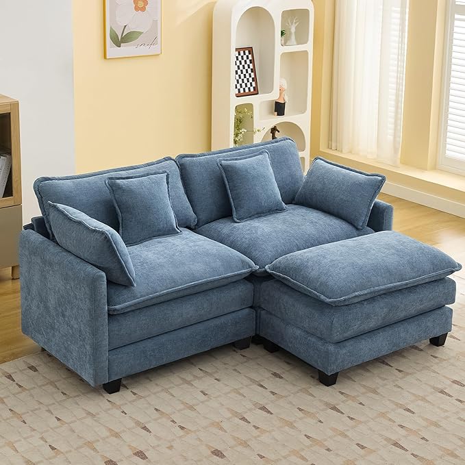 76'' Cloud Deep Seat Loveseat Sofa, Upholstered Chenille Modular 3-Seats Sectional Sofa Couch with Movable Ottoman, Modern Comfy Settee Loveseat for Living Room Set, Small Apartment, Blue