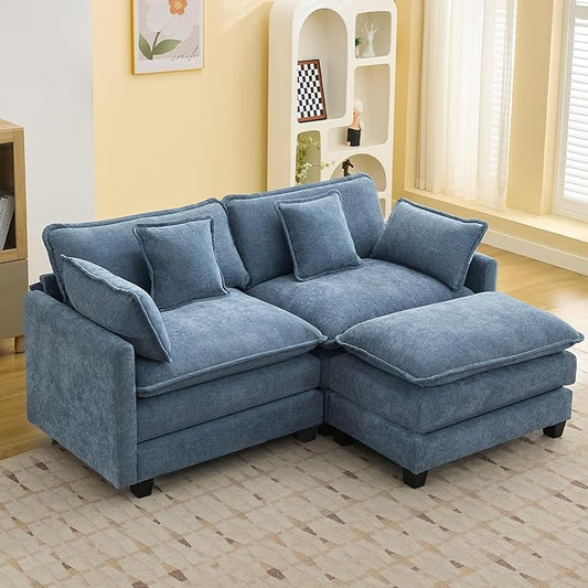 76'' Cloud Deep Seat Loveseat Sofa, Upholstered Chenille Modular 3-Seats Sectional Sofa Couch with Movable Ottoman, Modern Comfy Settee Loveseat for Living Room Set, Small Apartment, Blue