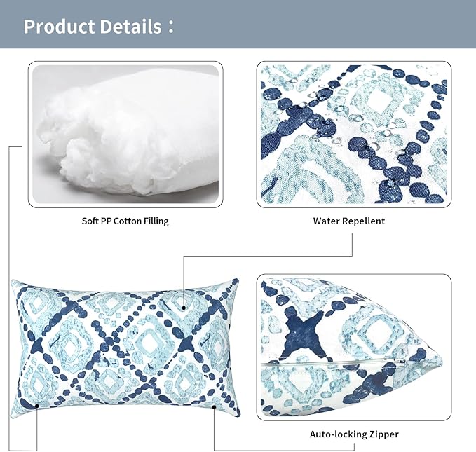Outdoor Lumbar Pillows 12x20 inch, Rectangle Throw Pillows with Inserts, Decorative Lumbar Cushions for Patio Furniture Garden Couch Home Sofa Office Chair, Pack of 2, Boho Geometry Blue