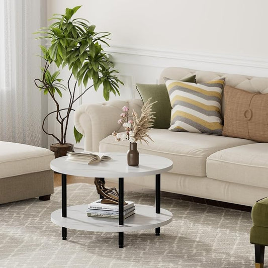 Round Coffee Table, 23.6" Circle Coffee Table for Living Room, 2-Tier Wood Accent Center Table with Open Storage Industrial Design Home Furniture, White