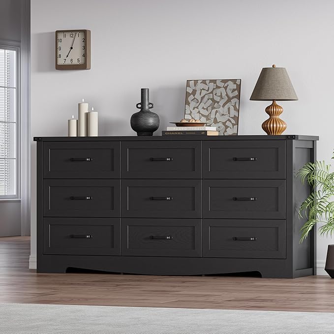 Black Dresser for Bedroom, 59'' Wide Chest of Drawers with Natural Wood Texture, 9 Drawer Dresser for Closet with Metal Handles, Sleek Storage Solution for Living Room, Office, Hallway