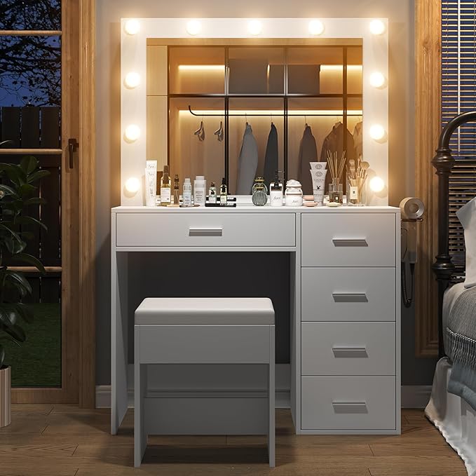 37" W Vanity Desk with Power Outlet, Makeup Vanity with Mirror and Lights, 3 Lighting Modes, Vanity Table with Chair for Bedroom, Dressing Room Studio, White