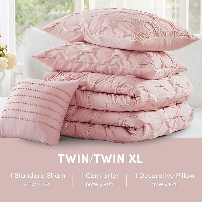 Comfort Spaces Twin/Twin XL Comforter Set for College Ogee Ruched Crinkle Texture Breathable Comforter Set Twin Dorm All Season Lightweight Bedding Set Shabby Chic Décor Pilow Pink 3 Piece