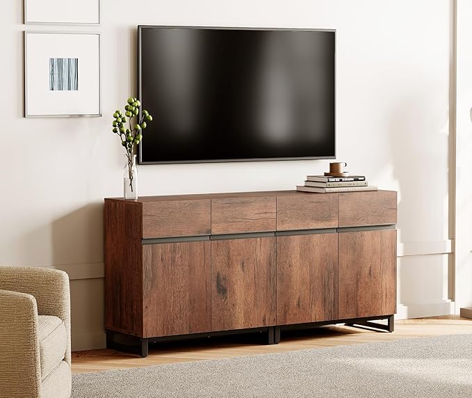 WAMPAT Modern TV Stand for TVs Up to 70 Inch, 2 in 1 Entertainment Center with Adjustable Shelves and Metal Base, Media Console for Living Room and Bedroom, Brown