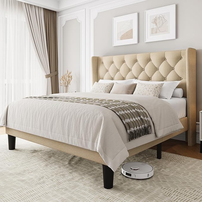 Queen Size Upholstered Bed Frame with Wingback Headboard, Fabric Linen Platform Bed, 8" Under Bed Storage, Wooden and Metal Slats Support, Noise Free, No Box Spring Needed, Beige