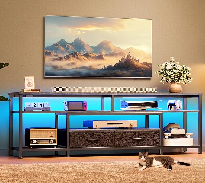 Huuger TV Stand for 65 70 Inch TV, Entertainment Center with Power Outlets and LED Lights, TV Console for Living Room, Media Console with Drawers and Shelves, Grey