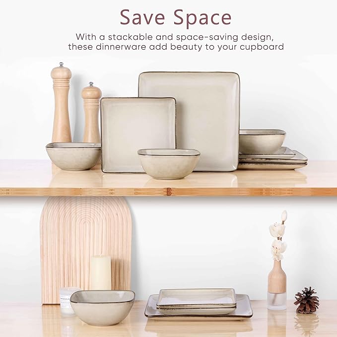 Herogo Stoneware Plates and Bowls Sets for 4, 12 Pieces Modern Square Dinnerware, Reactive Glaze Dishes Set for Kitchen, Chip Resistant, Microwave & Dishwasher Safe, Cream Khaki