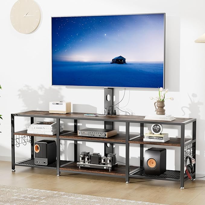 VECELO TV Stand with Mount and Power Outlet, Height Adjustable Entertainment Center with Storage Shelves for 55/65/70/75/80 inches Televisions, Console Table for Living Room, Bedroom, Rustic Brown