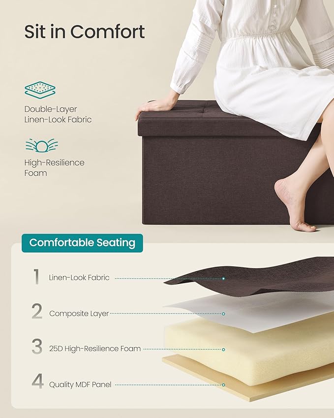 SONGMICS MAZIE Collection - 43 Inches Folding Storage Ottoman Bench, Ottoman Foot Rest, End of Bed Bench, Storage Chest, Load 660 lb, for Living Room, Bedroom, Entryway, Brown ULSF77BR