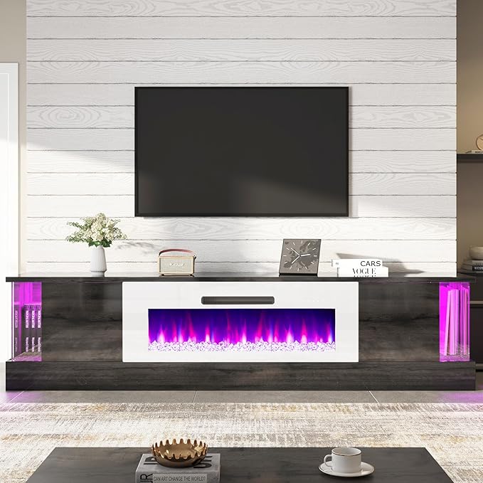 AMERLIFE Glossy Oak Fireplace TV Stand with 40" Fireplace, 80" LED Lights Entertainment Center with Flip Doors & Corner Glass Decor, Modern TV Console Table for TVs up to 90", Living Room, Black&White