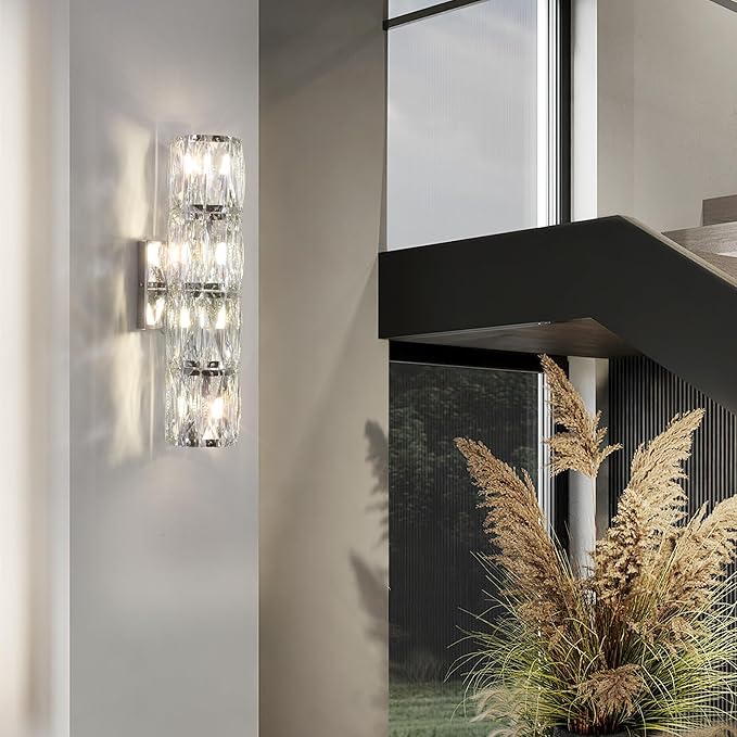 Crystal Wall Sconces Indoor, Modern Sconces Wall Lighting Fixtures Indoor Chrome Wall Mounted Lamp for Bedroom Living Room Hallway Bathroom Vanity Light Fixtures Over Mirror