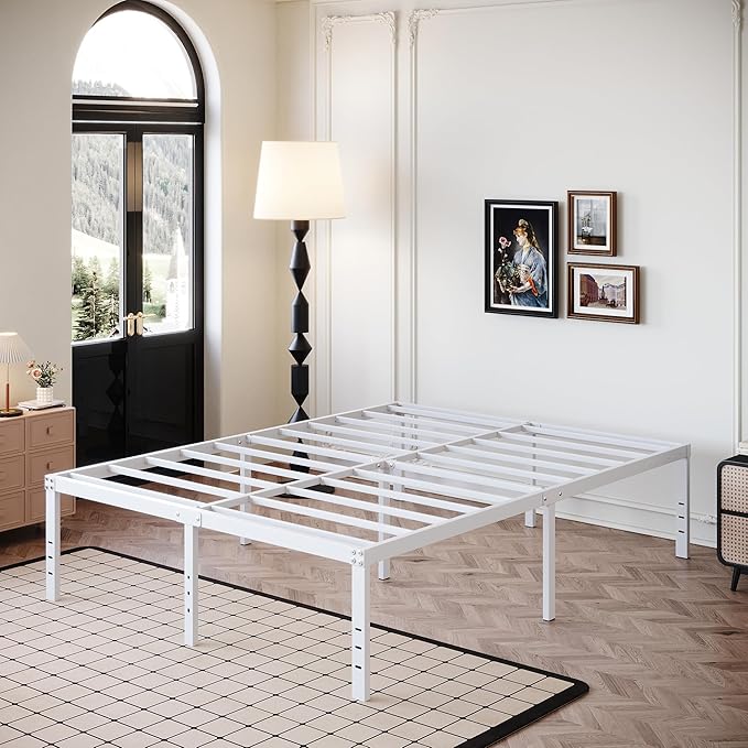 18 Inch California King Bed Frames Heavy Duty Metal Platform No Box Spring Needed, Maximum Storage, Easy to Assembly, Noise Free, White
