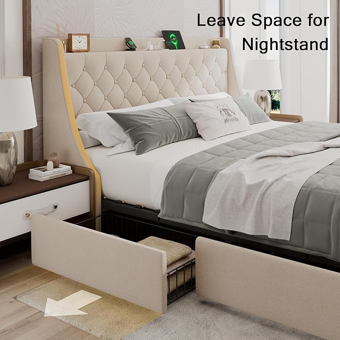 Upholstered King Size Bed Frame with 4 Storage Drawers, Modern Platform Bed with Wingback Headboard, Charging Station, No Box Spring Needed, Beige