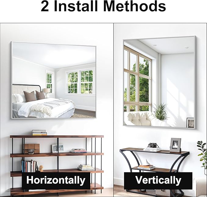 BONEWEI Silver Bathroom Mirror,40x48 inch Wall Mirror for Bathroom Wall Mounted,Large Rectangle Mirror for Bathroom Over Sink,Modern Metal Frame for Living Room,Bedroom Entryway,Horizontal/Vertical