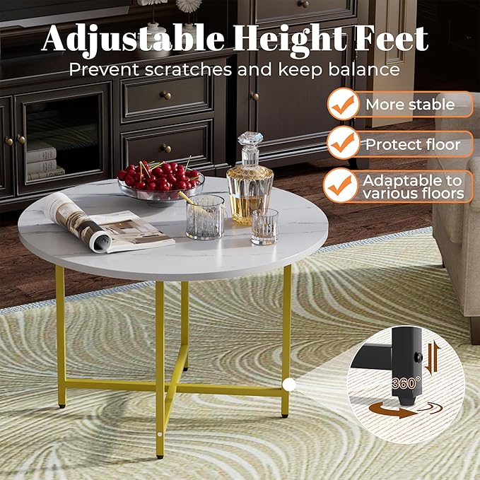 Round Coffee Table, Small Coffee Tables for Living Room, Wood Coffee Table with Metal Frame, Floor Table Desk for Sitting on The Floor, Home, Office, Farmhouse, White & Gold (23.6"D x 17.7"H)