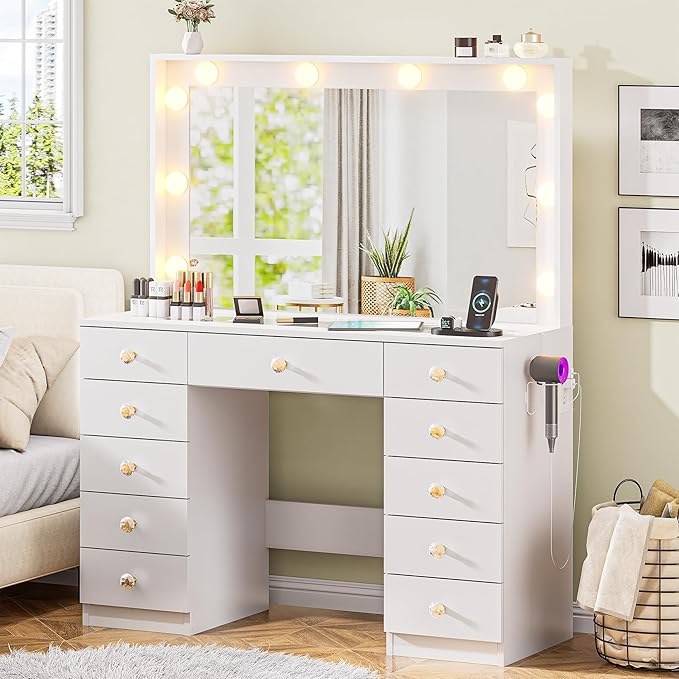 43.3" Vanity with Large Mirror and 10 LED Lights, Vanity Desk with Glasstop, 11 Drawers with Crystal Handles, Dressing Table with Power Outlet as Gift for Women, Girls (White)
