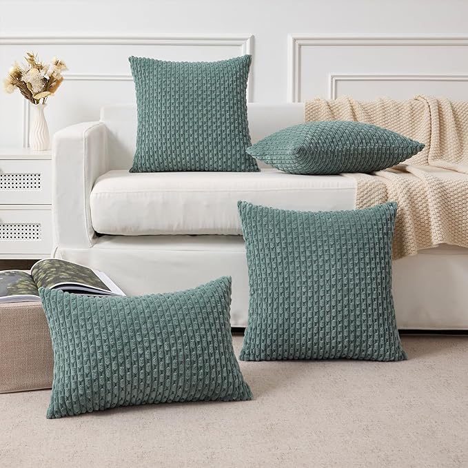 Kevin Textile Decorative Pillow Covers Set of 2 Striped Plush Corduroy Pillows Pillowcases Boho Home Decor Cushion Covers for Couch Sofa Bed Living Room 20x20 Inch, Teal Green