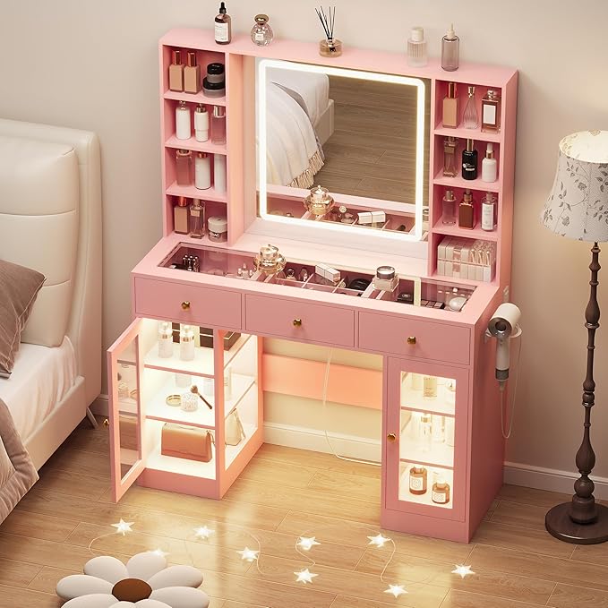 Pink Vanity Desk with Mirror and Lights, 43.4" Makeup Vanity Table Set with Lighted Mirror & RGB Glass Cabinet, 3 Drawers, Glass Top Dressing Table with Large Shelves for Girls, 3 Color Modes