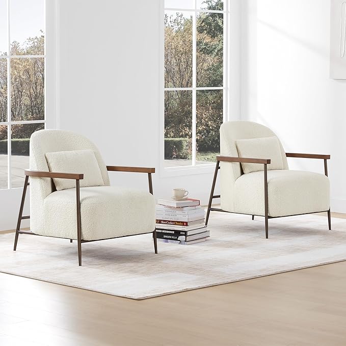 CHITA Accent Chair for Living Room Set of 2, FSC Certified Modern Upholstered Faux Sherpa Fabric Armchair with Metal Frame and Wooden Armrests, Ivory