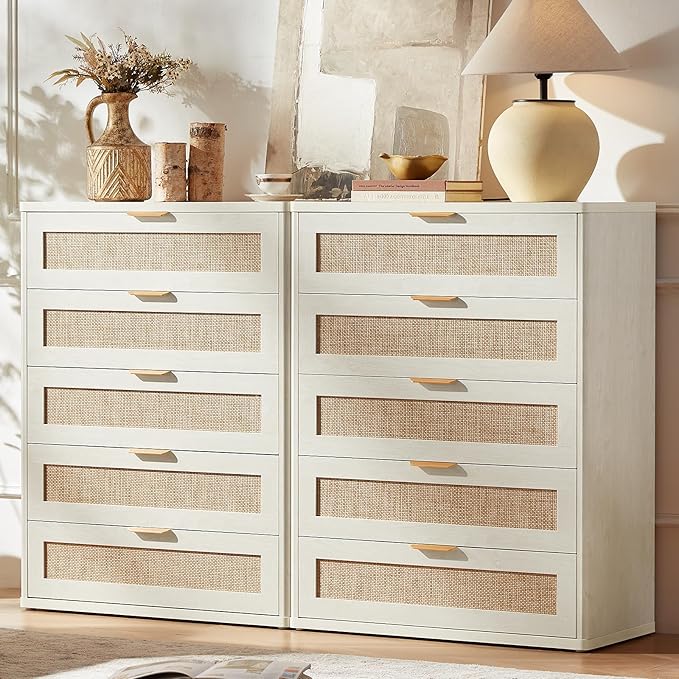 LEYAOYAO Rattan Dresser for Bedroom Set 2, 41" Tall Chest of Drawers, Modern 5 Drawers Boho Dressers with Storage, Light Oak Dresser Wooden Closet Organizer for Living Room, Hallway, Natural Wood