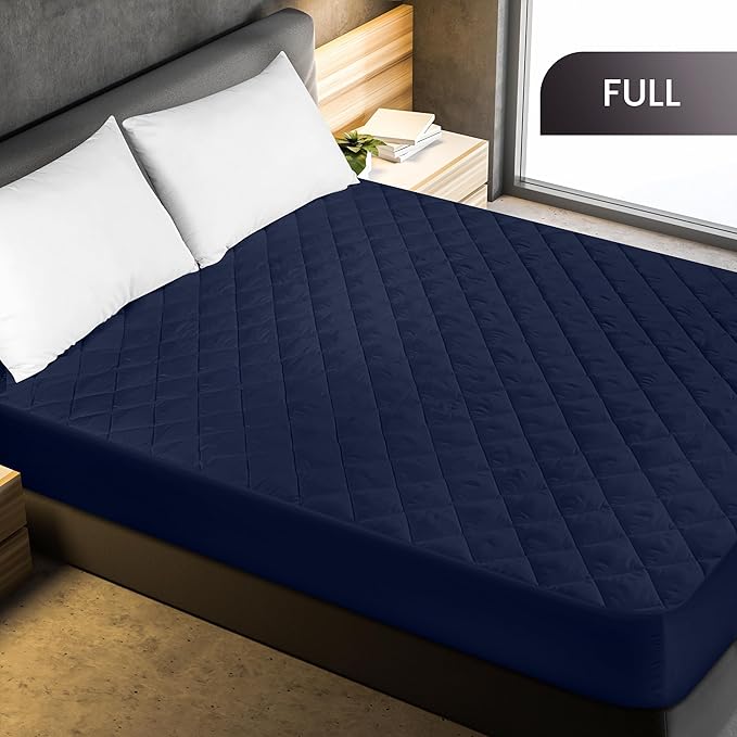 Utopia Bedding Quilted Fitted Mattress Pad, Full Size, Elastic Fitted Mattress Topper Protector and Cover Stretches up to 16 Inches Deep, Machine Washable (Navy)