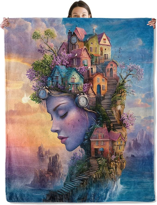 Surreal Village Blanket, Cozy Flannel Woman’s Face Merged with Houses Throw Blanket for Couch Outdoor, Plush Soft Lightweight Travel Blankets for Bed Decor & Gifts, for Women Adults 40"x50"