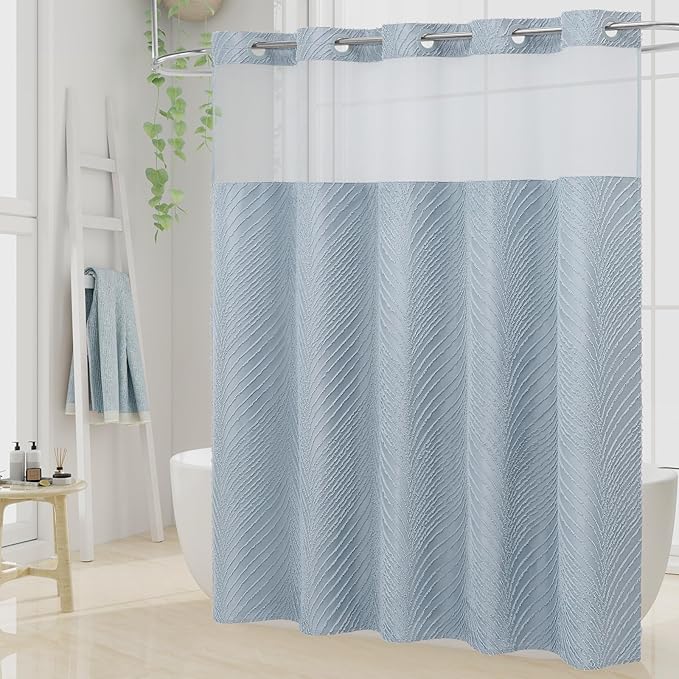 No Hook Extra Long Shower Curtain Set with Snap-in Liner, 86 inch XL Boho Blue Fabric Shower Curtains for Modern Bathroom Decor, Hotel Style Shower Curtain with See Through Top Window