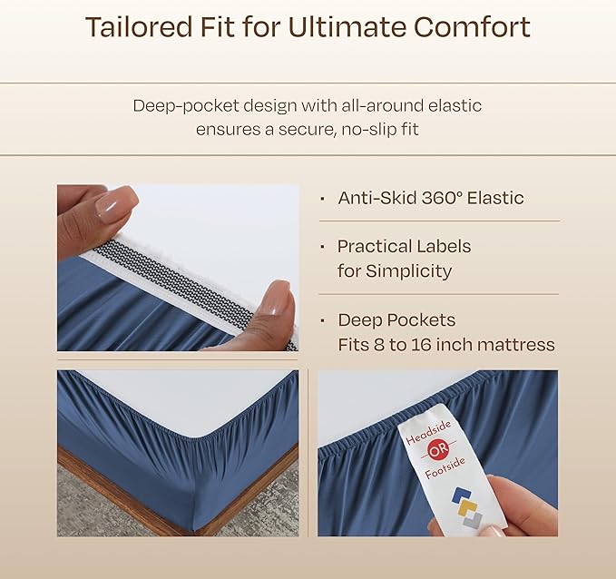 California Design Den Natural 100% Cotton Queen Sheet Set - Luxury Hotel 800 Thread Count Sateen, Soft and Durable Deep Pocket Cooling Sheets with Anti-Skid Elastic - Navy Blue