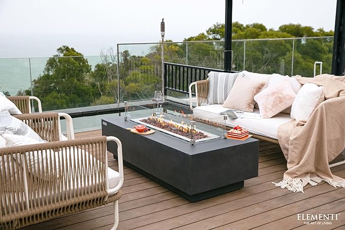 Elementi | Bundle Granville Gas Fire Pit Cast Concrete 60" Rectangular Fire Table, Outdoor Fire Pit Electronic Ignition | Canvas Cover, Lava Rock Included | Dark Gray (Natural Gas)