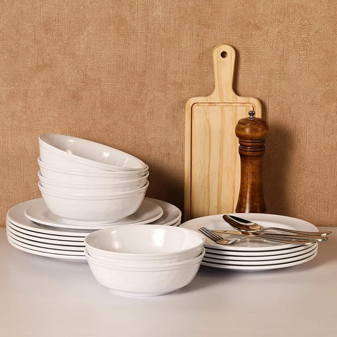 TP 18-Piece Dinnerware Set, Melamine Dishes Set with Bowls and Plates, Service for 6, Non-breakable Lightweight Dining Tableware, White