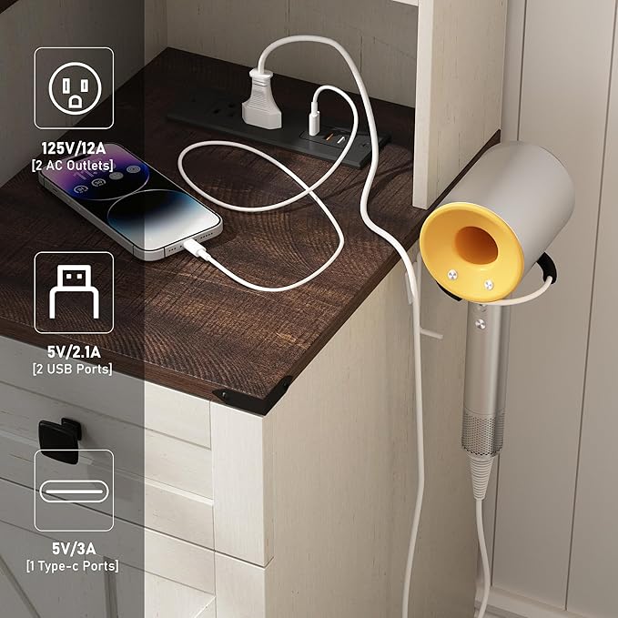 Farmhouse 47" Large Makeup Vanity Desk with Glass Tabletop, White Vanity with Sliding Mirror and Lights, Vanity Set with Stool & Charging Station, 3 Colors Lights, Ample Storage