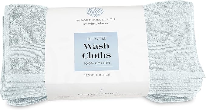 White Classic Resort Collection Soft Washcloth Face & Body Towel Set | 12x12 Luxury Hotel Plush & Absorbent Cotton Wash Clothes [12 Pack, Light Blue]