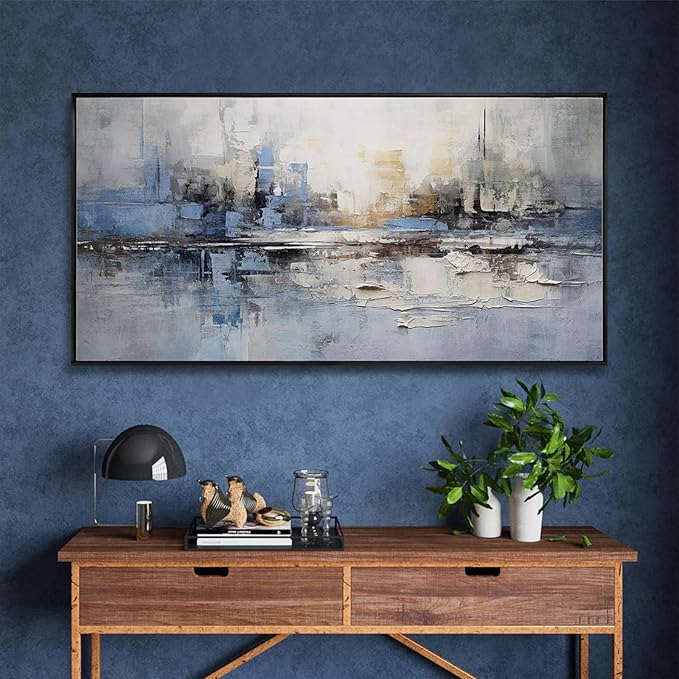 Abstract wall Art Framed Artwork Blue and Gray White Decor Modern Canvas Wall Prints Abstract Wall Decor Suitable for Bedroom apartment Office Dining Room Wall Decor Can Be Hung 24"x48"