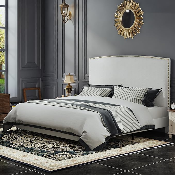 King Size Bed Frame and Headboard, 56" Upholstered Platform Bed with Nailhead Trim, Soft Boucle Fabric, No Box Spring Needed, Easy Assembly, White