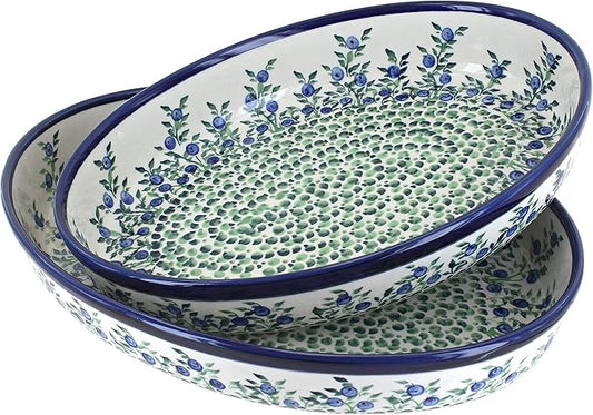 Blue Rose Polish Pottery - Blue Porcelain Vine Oval Baker Set - 2 Bakers - Unique, Dishwasher Safe, & Durable Bakeware