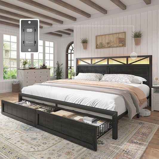 EnHomee King Size Bed Frame with Headboard and Storage, 2 Drawers & LED Farmhouse King Bed Frame with Storage Built in Charging Station,NO Noise,No Box Spring Needed,Black