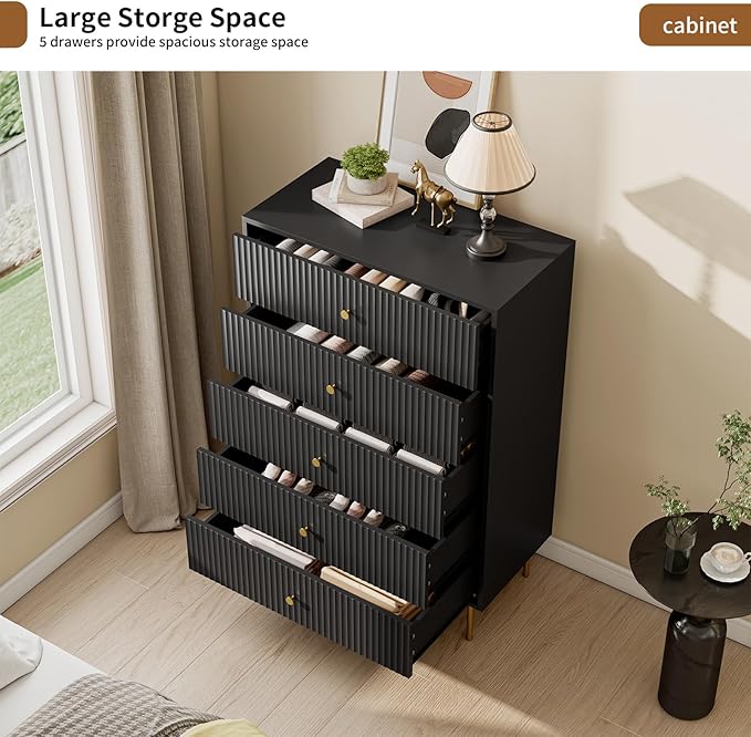 5 Drawer Dresser for Bedroom, Tall Dresser Chest of Drawers with Gold Handles, Wood Storage Cabinet for Bedroom, Black