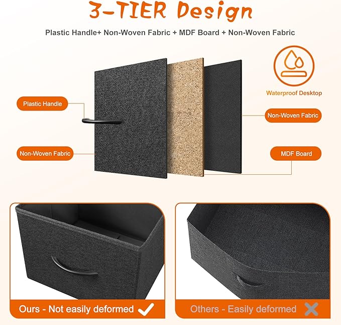 Dresser for Bedroom with 5 Drawers, Chest of Drawers, Storage Drawers Organizer Unit, Black Wide Fabric Dresser with Fabric Bins for Closet, Living Room, Bedroom (Black and Rustic Brown)