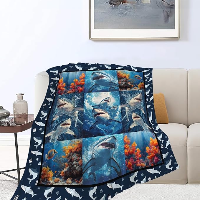Yibuda Shark Blanket Ocean Underwater Flannel Plush Throw Blanket Cozy Nautical Coral Decor Fleece Stuff Blanket Gifts for Lover Girls Boys Kids Adults Women Bed Travel 60"x80"