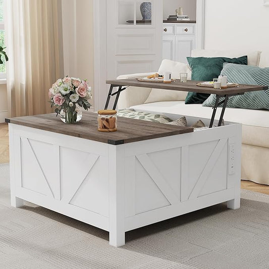 Farmhouse Coffee Table with Lifting Top with Hidden Storage Organizer, Square Lift top Coffee Table for Living Room with Charging Station&USB Ports, 35" Wood Storage Table Set for Home, Office-Grey