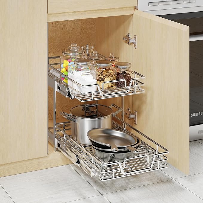 2-Tier Kitchen Pull out Cabinet Organizer,Shelf and Drawer Organizer Slide Out Pantry Storaqe Basket in Multiple Sizes (10.8" W x 21" D)