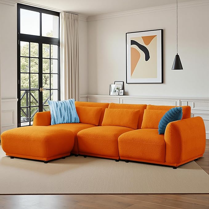 Sectional Sofa Couch, Modern Convertible U Shaped Sectional Couch with Ottoman, Modular Sectional Sofa Cloud Couches for Living Room (Orange, 3 Set + 1 Ottoman)