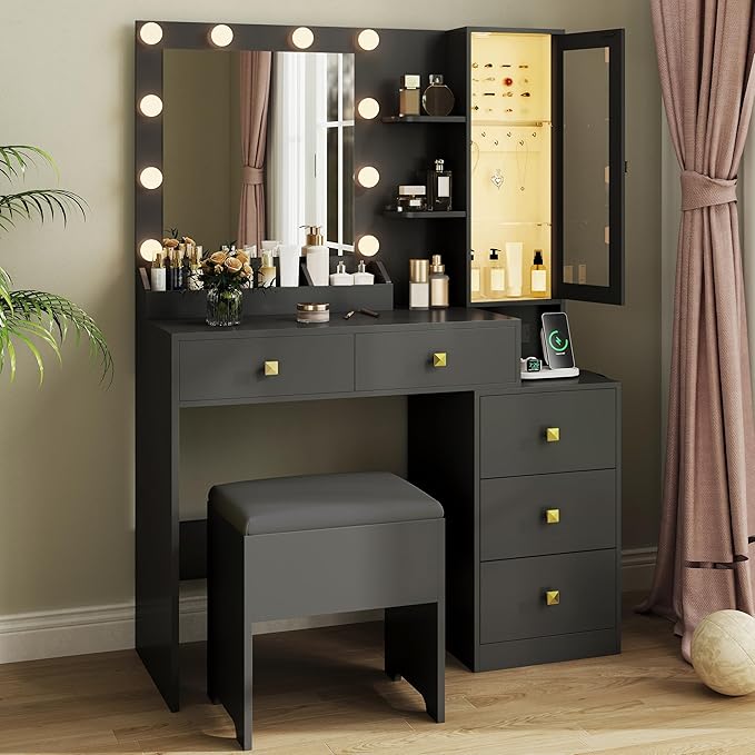 Vanity Desk with Mirror and Lights,Makeup Table with Charging Station & RGB Storage Cabinet,Large Drawer & Storage Shelves,5 Drawer,Bedroom Dressing Table, Black