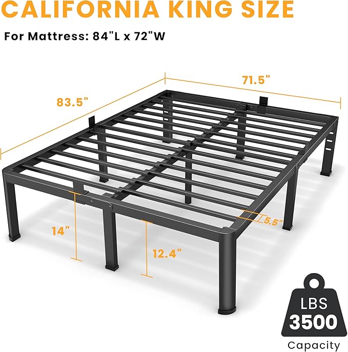14 Inch California King Bed Frame, Metal Platform Bed Frame with Round Corner Legs, 3500 lbs Heavy Duty Steel Slats Support, No Box Spring Needed, Noise Free, Easy Assembly, Black