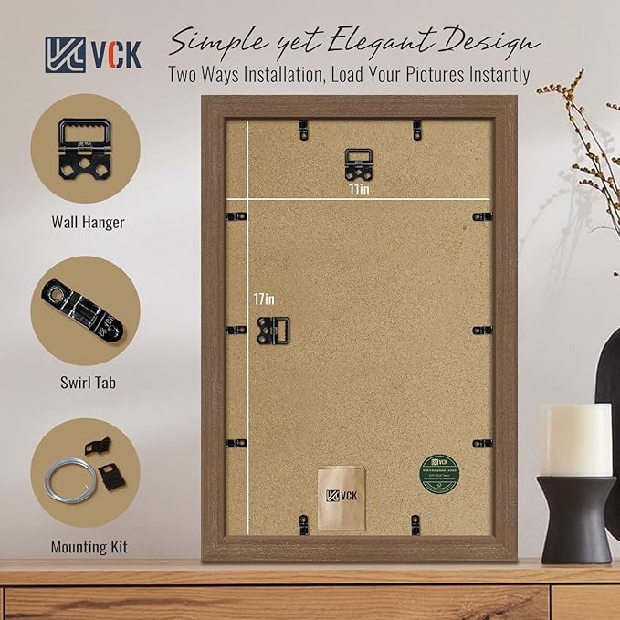 VCK 11x17 Brown Picture Frames 3 Pack, High-End Wood Wide Border Poster Frame, Multi-Directional Display Family Photos, Office Prints, Studio/Gallery/Home Artwork