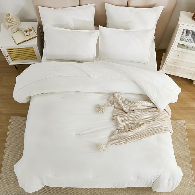 Litanika California King Comforter Set Ivory - 7 Pieces Bed in a Bag Cal King Bedding Comforter Sets, Plain Lightweight Bed Set with Comforter, Sheets, Pillowcases & Shams
