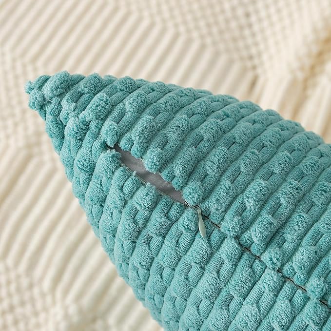 Kevin Textile Throw Pillow Covers Soft Corduroy Decorative Set of 2 Boho Striped Pillow Covers Pillowcases Farmhouse Home Decor for Couch Bed Sofa Living Room 26x26 Inch Aqua Green