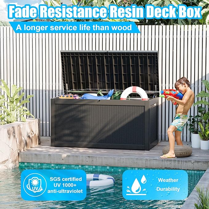 260 Gallon Large Resin Deck Box, Lockable Outdoor Storage Box for Patio Cushions Storage Furniture,Garden Tools, Pool Supplies, Weatherproof and UV Resistant-Black Rattan (260 Gallon)
