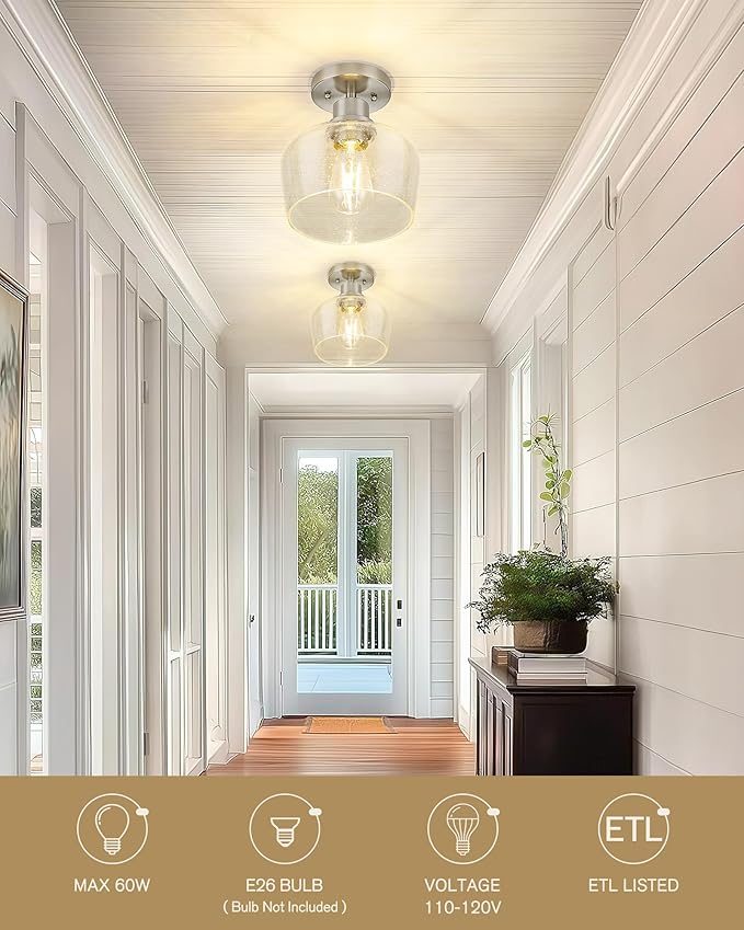 Emak Modern 8 Inch Ceiling Light Fixtures, Brushed Nickel Semi Flush Mount Ceiling Light with Seeded Glass Shade, Flush Mount Light Fixture for Bathroom, Bedroom, Kitchen, Hallway, FM122-BN-SG